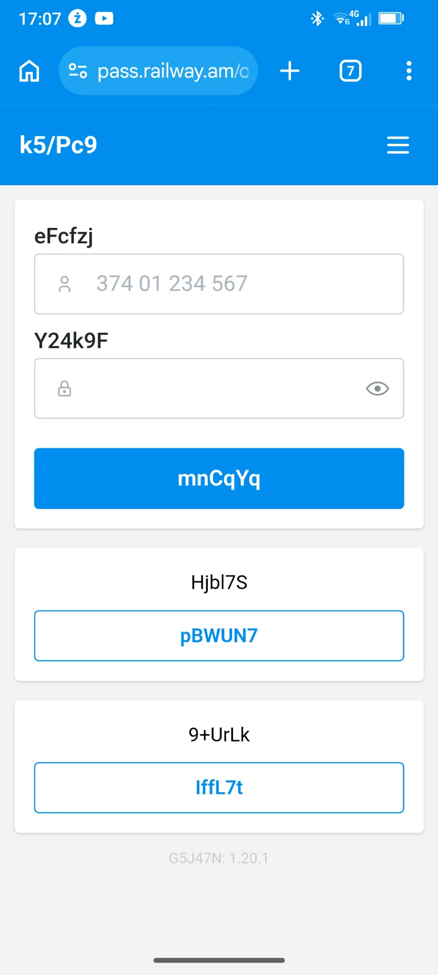 Official Armenia railway login screen with Armenian phone number and password fields